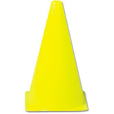 Yellow plastic traffic cone on a plain white background.